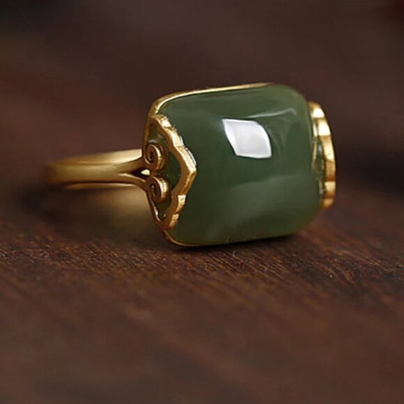 NEW Dark Jade Green Stone Brushed Gold Ring OS Adjustable - Picture 2 of 4